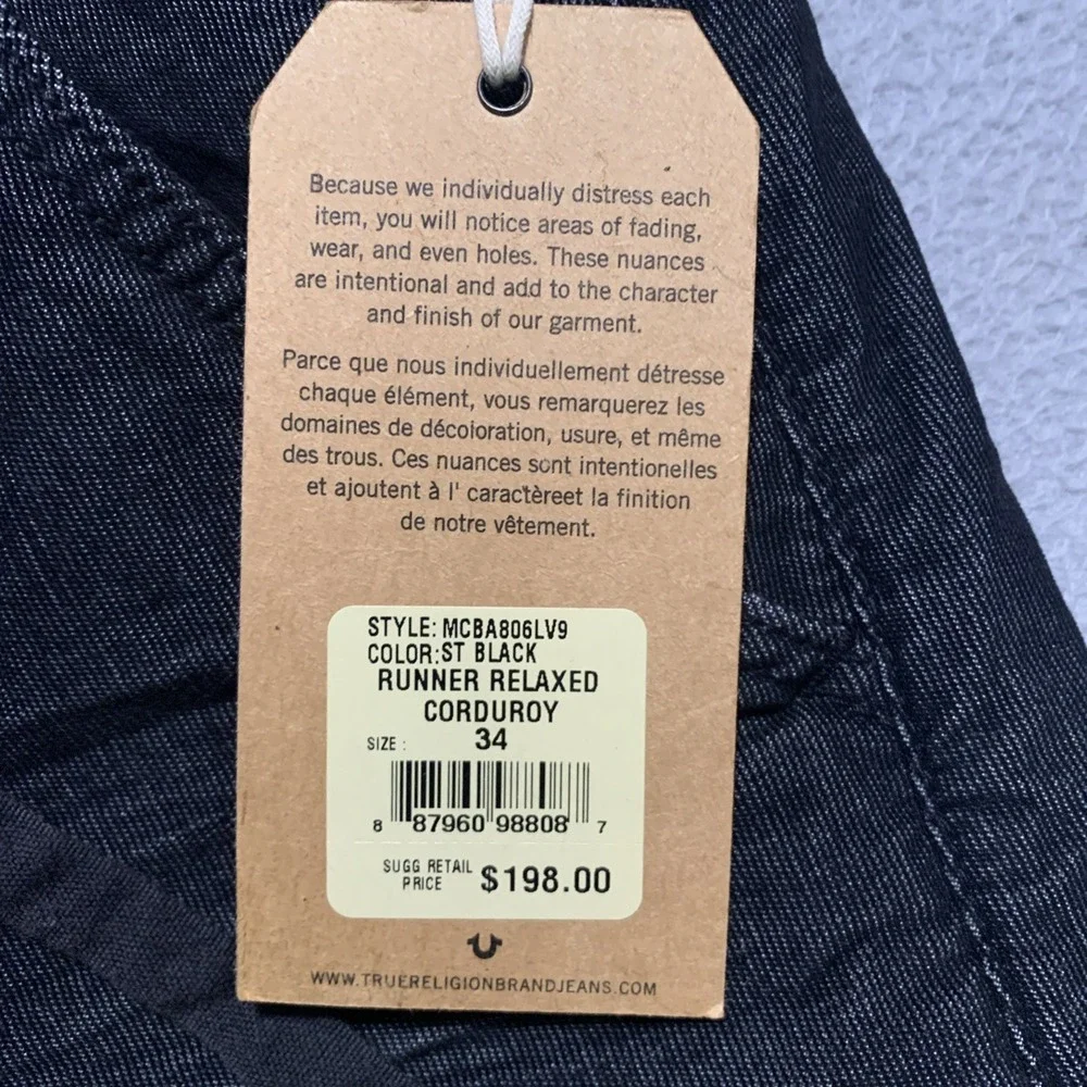 NWT True Religion Runner Relaxed Corduroy Black Tapered Jogger Pants Sz 34 $198